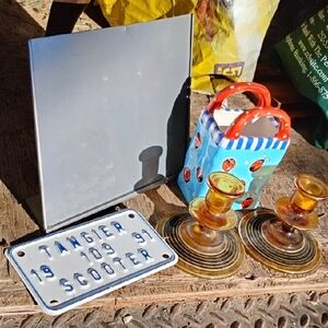 Blue & White Hand-Painted Ceramic Bag with Red Handles&Glass Candle Holder Pair+
